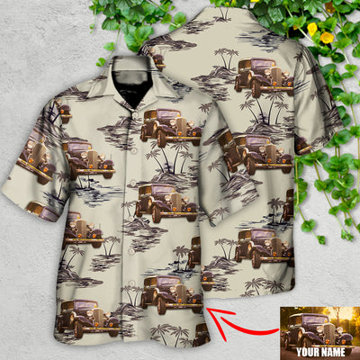 Vintage Car Deserted Island Pattern With Palm Trees Custom Photo - Hawaiian Shirt - Owls Matrix LTD