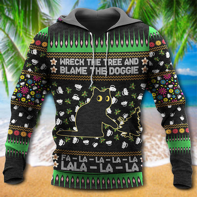 Black Cat Wreck The Tree And Blame The Doggie Merry Christmas - Hoodie - Owls Matrix LTD