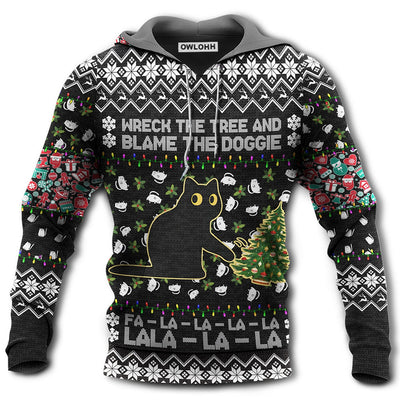 Unisex Hoodie / S Black Cat Wreck The Tree And Blame The Doggie Merry Christmas La La - Hoodie - Owls Matrix LTD