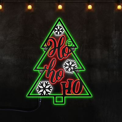 Christmas Tree Ho Ho Ho Metal Wall Decor - Two Colours Led Lights Metal - Owls Matrix LTD