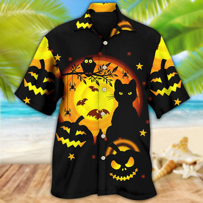 Halloween Awesome Black Cat And Pumpkin - Hawaiian Shirt - Owls Matrix LTD