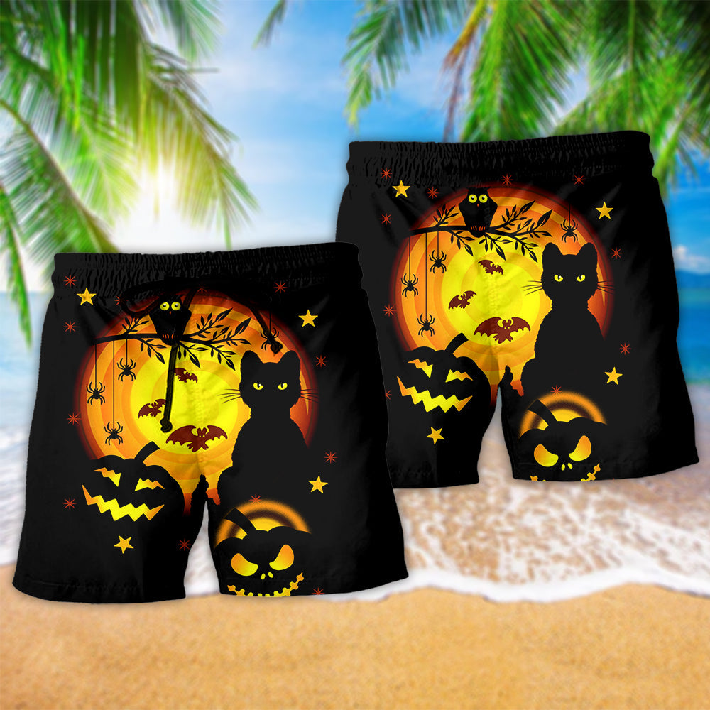 Halloween Awesome Black Cat And Pumpkin Happy Halloween - Beach Short - Owls Matrix LTD