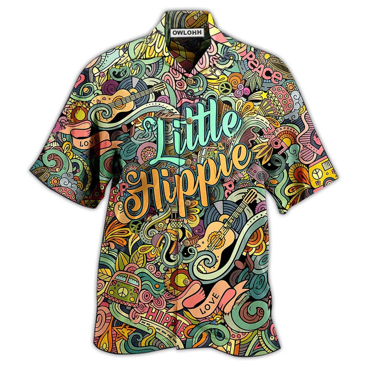 Hawaiian Shirt / Adults / S Hippie Music Love Guitar Peace Life Color Little Hippie - Hawaiian Shirt - Owls Matrix LTD