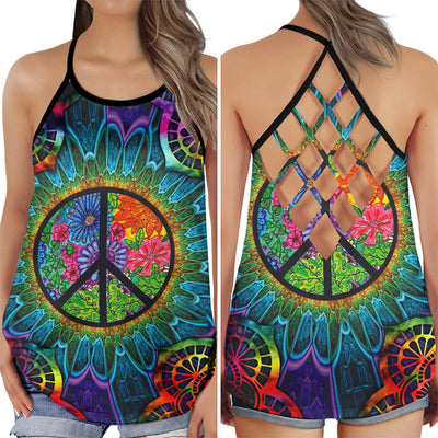 S Hippie Summer Vibes Bright With Colorful Flower - Cross Open Back Tank Top - Owls Matrix LTD