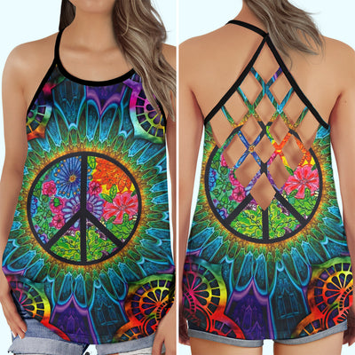 Hippie Summer Vibes Bright With Colorful Flower - Cross Open Back Tank Top - Owls Matrix LTD