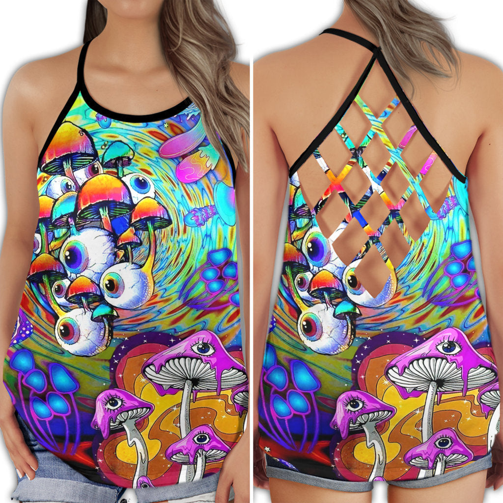 S Hippie Summer Vibes With Colorful Mushroom - Cross Open Back Tank Top - Owls Matrix LTD