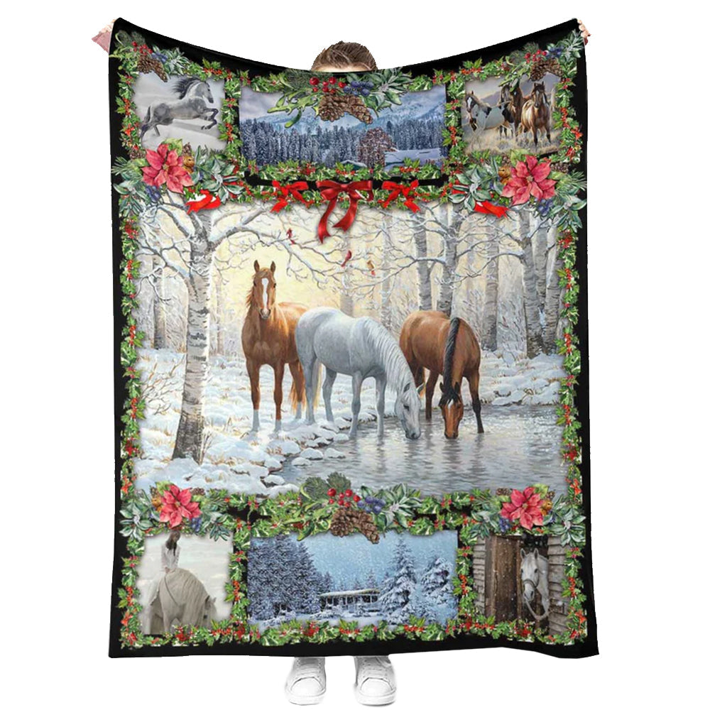 50" x 60" Horse Christmas Horse Near The River - Flannel Blanket - Owls Matrix LTD