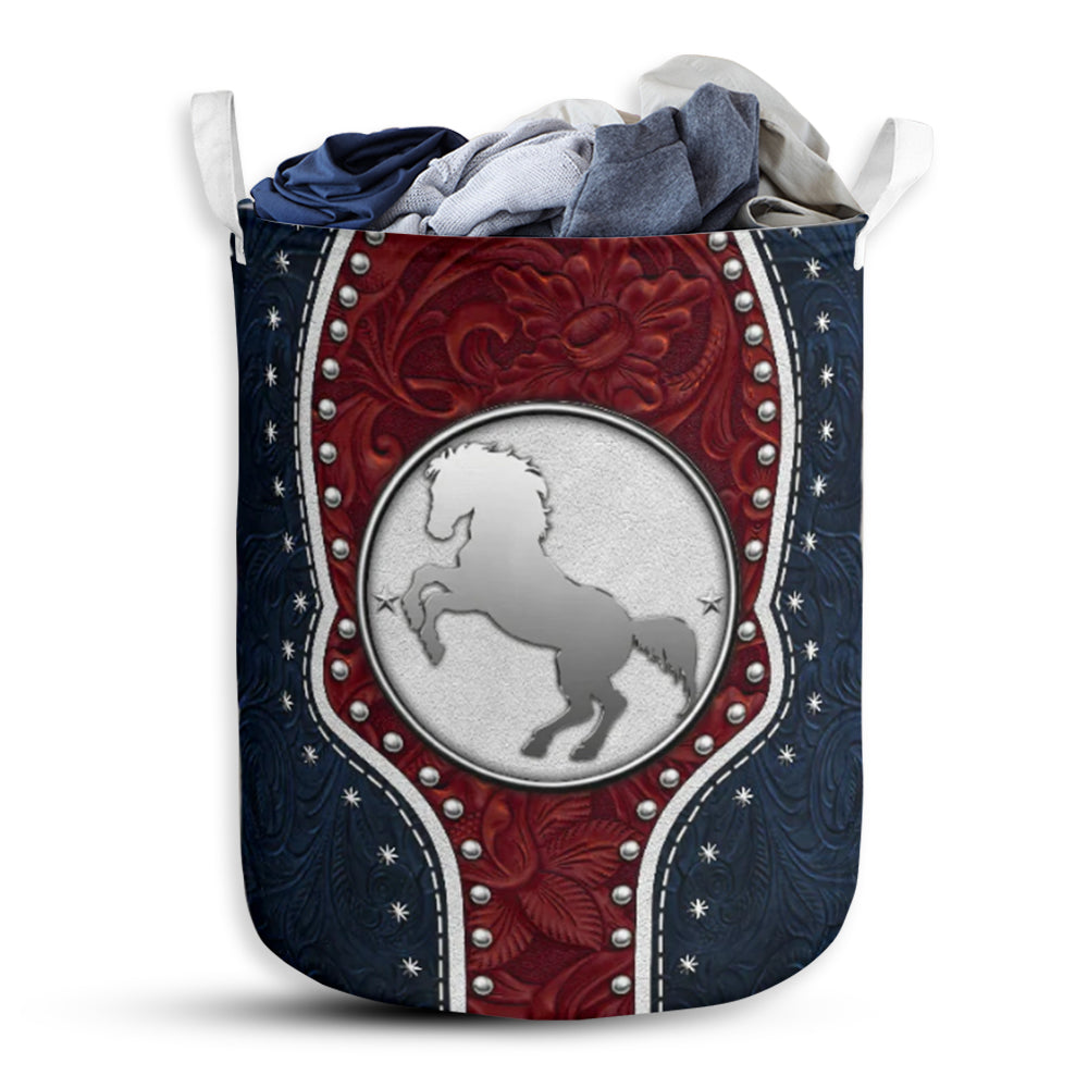 Horse Navy Leather Blue And Red - Laundry Basket - Owls Matrix LTD