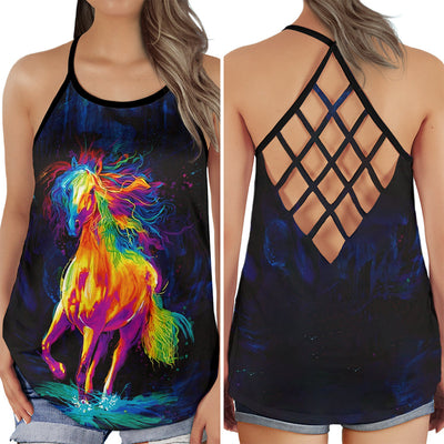 S Horse Rainbow Run With Colorful Painting - Cross Open Back Tank Top - Owls Matrix LTD
