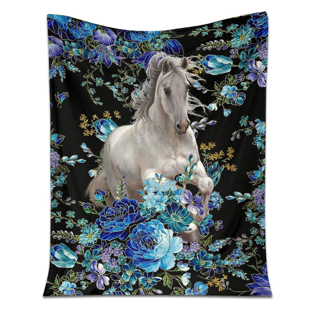 50" x 60" Horse White Horse Blue Flower - Flannel Blanket - Owls Matrix LTD