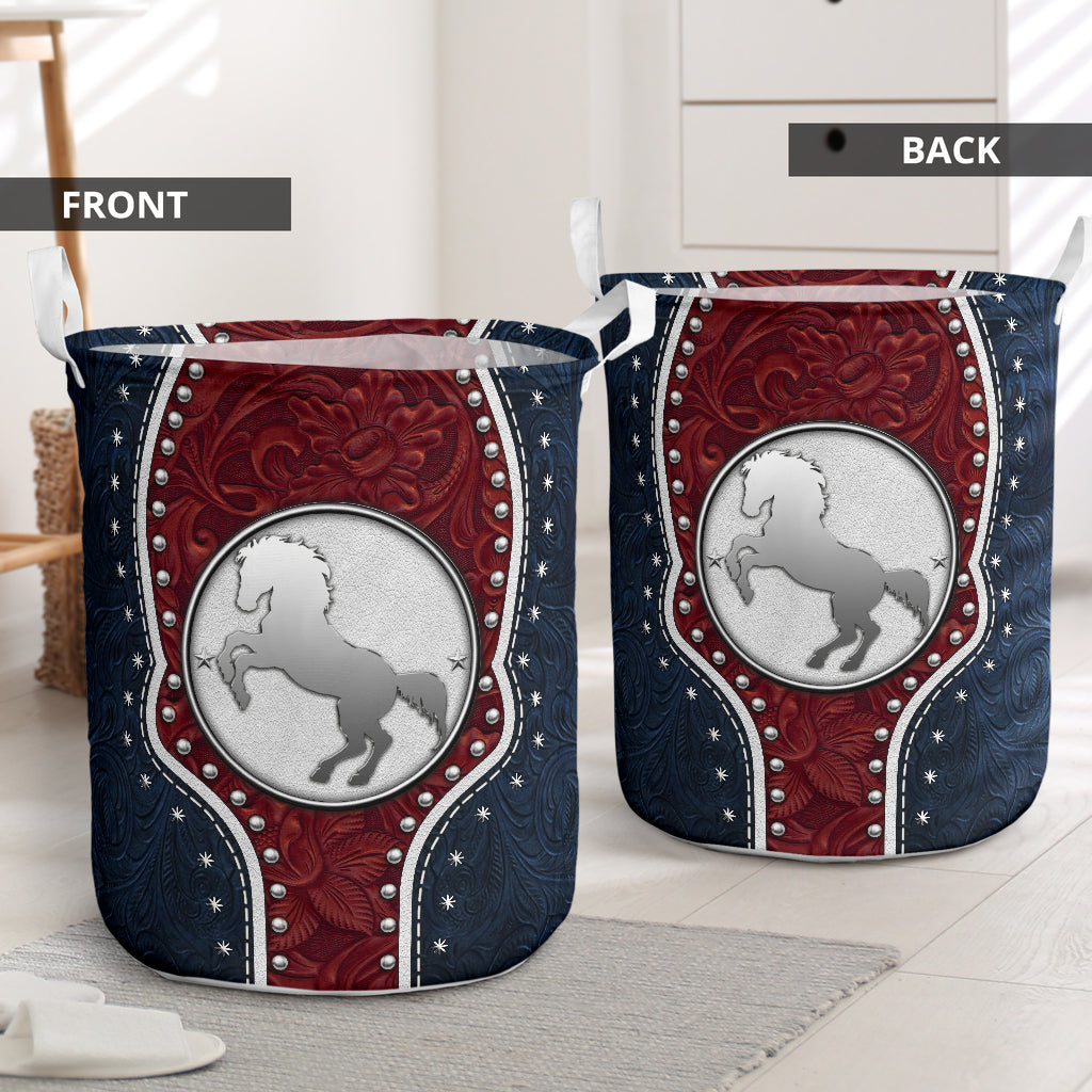 Horse Navy Leather Blue And Red - Laundry Basket - Owls Matrix LTD