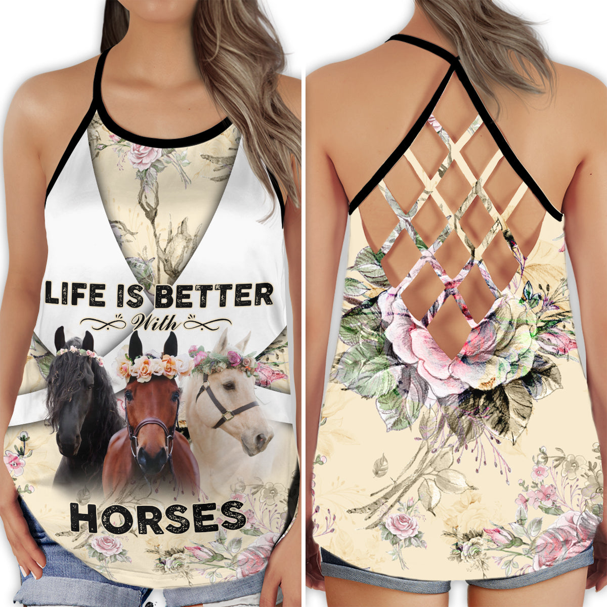 S Horse Love Life Is Better With Horses - Cross Open Back Tank Top - Owls Matrix LTD