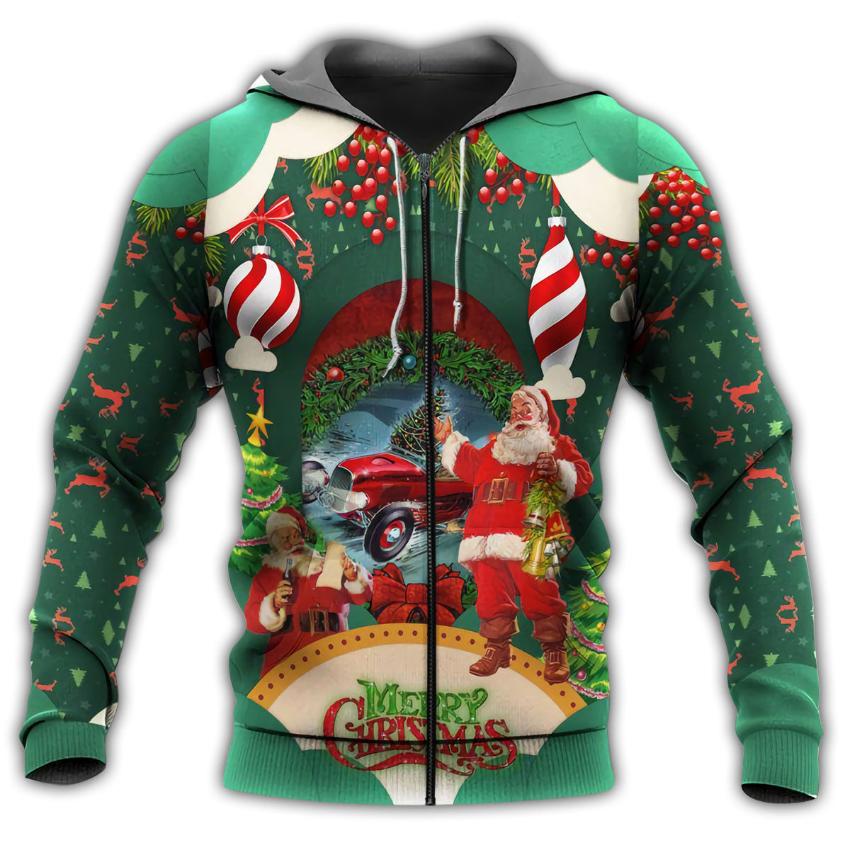 Zip Hoodie / S Hot Rod Merry Christmas Love Santa Claus - Hoodie - Owls Matrix LTD