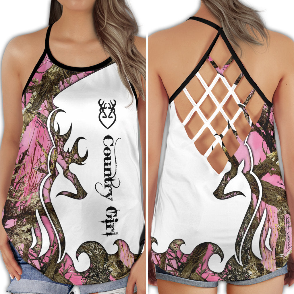 S Hunting Lover Country Girl With Pink Style - Cross Open Back Tank Top - Owls Matrix LTD