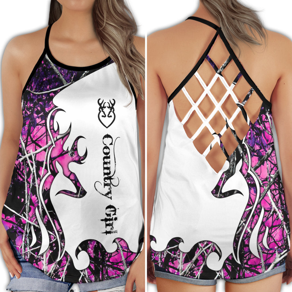 S Hunting Lover With Dark Pink Style Country Girl - Cross Open Back Tank Top - Owls Matrix LTD