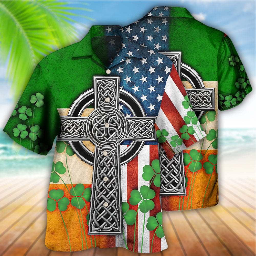 Irish American Flag Celtic Cross Irish Saint Patrick'S Day All Over - Hawaiian shirt - Owls Matrix LTD