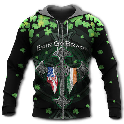 Zip Hoodie / S Irish Erin Go Bragh American Flag Clover - Hoodie - Owls Matrix LTD