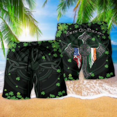 Irish Erin Go Bragh American Flag Clover Green Style - Beach Short - Owls Matrix LTD