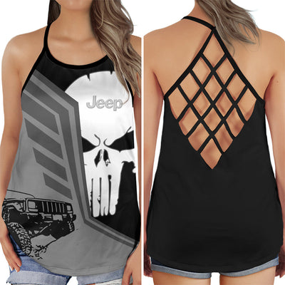 S Jeep Girl Skull Beautiful With Grey Black And White - Cross Open Back Tank Top - Owls Matrix LTD