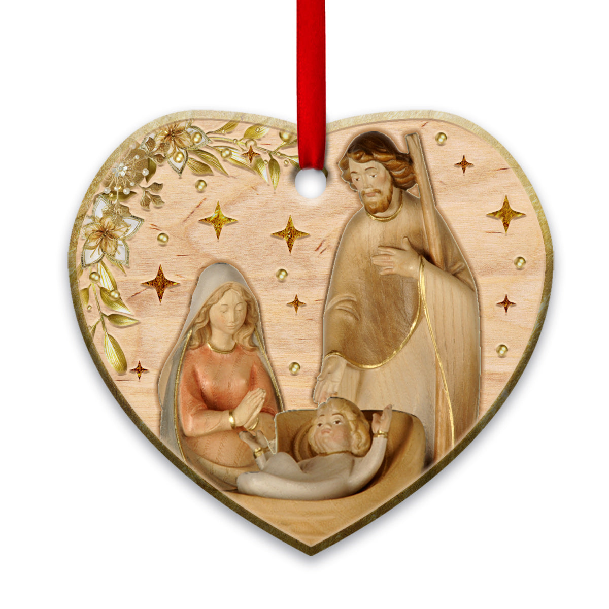 Jesus Nativity Wooden Style - Heart Ornament - Owls Matrix LTD