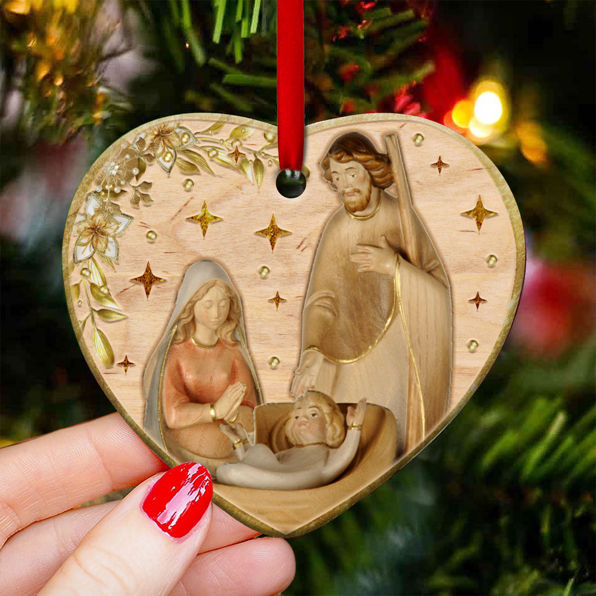 Jesus Nativity Wooden Style - Heart Ornament - Owls Matrix LTD
