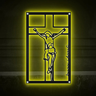Jesus Christ On Cross Metal Wall Art Faith Catholic - Led Light Metal - Owls Matrix LTD