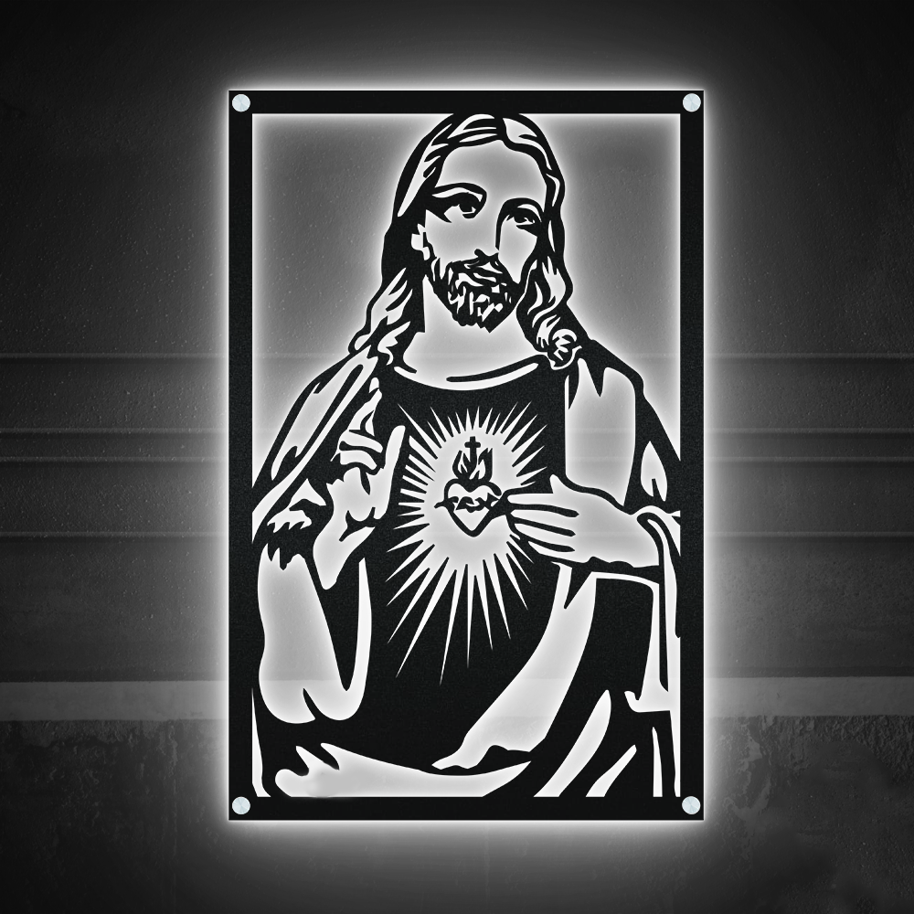 12"x12" Jesus The Heart of Jesus Catholic Consecration Cutting Sign For Christian Corner - Led Light Metal - Owls Matrix LTD
