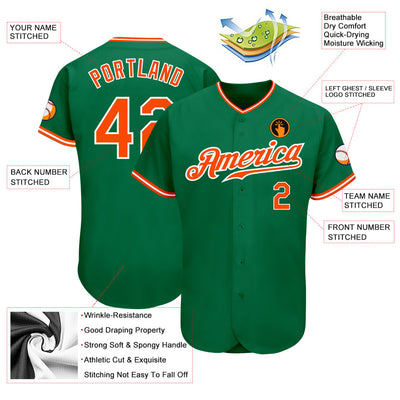Custom Kelly Green Orange-White Authentic Baseball Jersey - Owls Matrix LTD