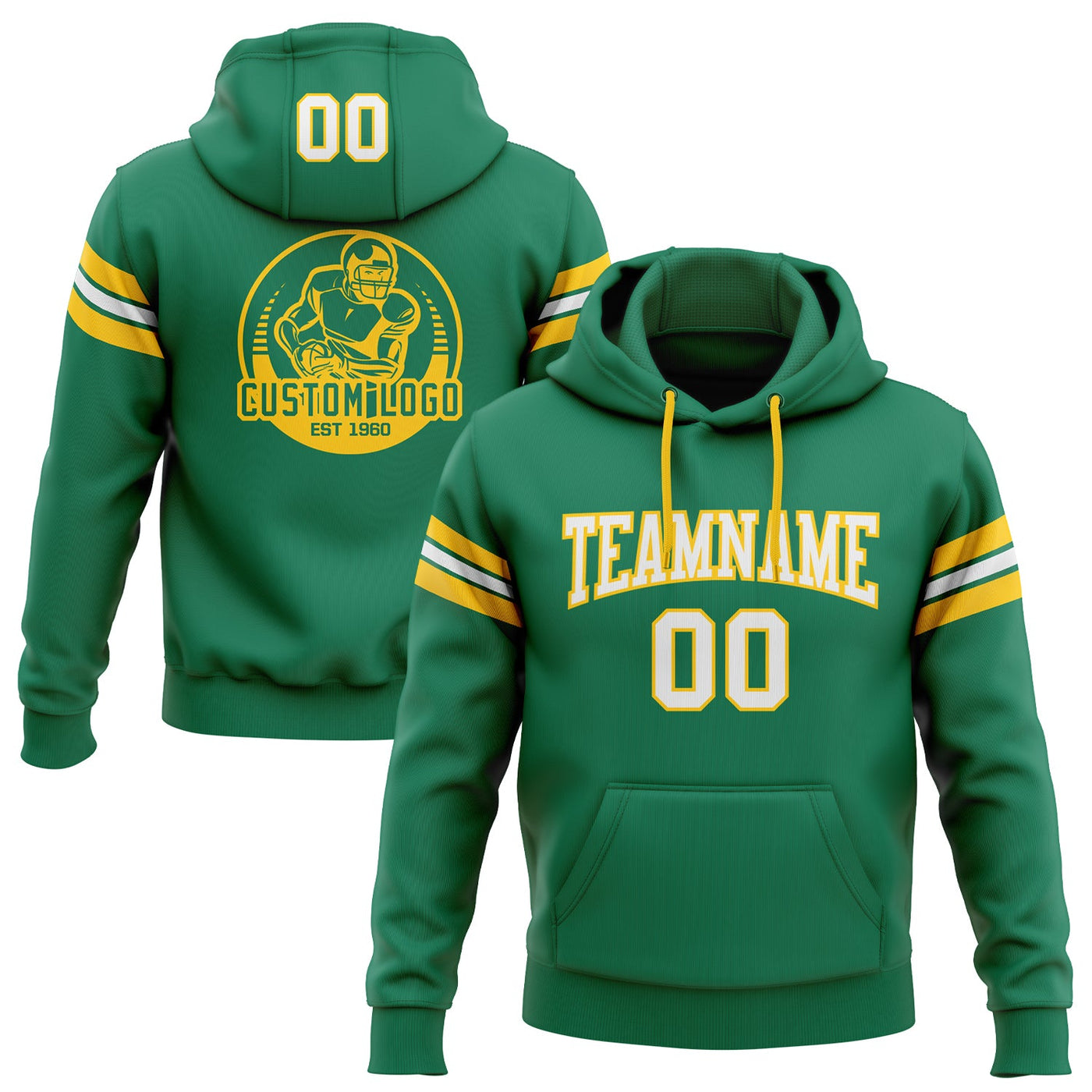 Custom Stitched Kelly Green White-Gold Football Pullover Sweatshirt Hoodie