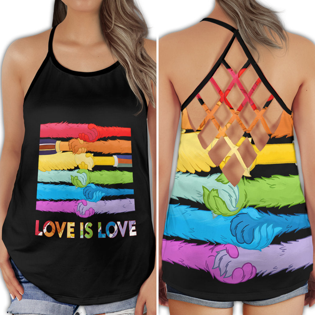 S LGBT Love Is Love Hand - Cross Open Back Tank Top - Owls Matrix LTD