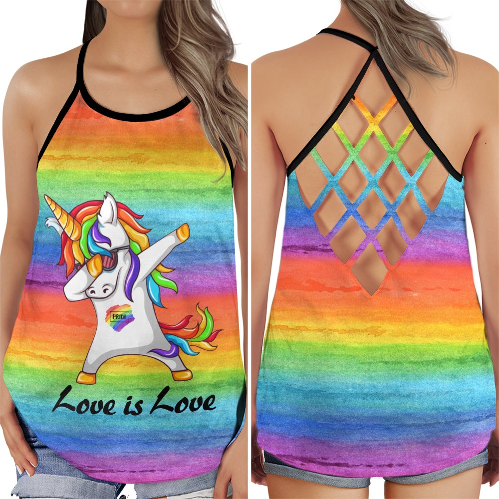 S LGBT Unicorn Loves Color Loves Forever Style - Cross Open Back Tank Top - Owls Matrix LTD