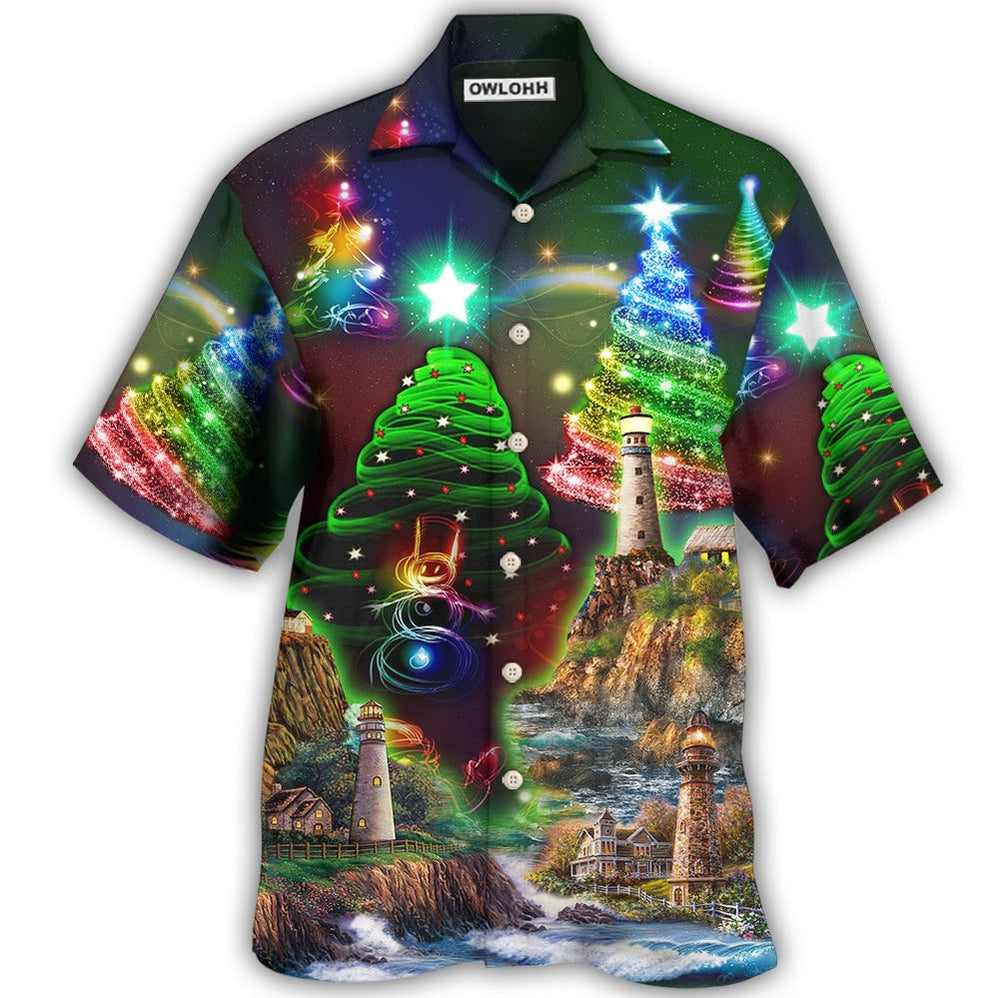 Hawaiian Shirt / Adults / S Lighthouse And Merry Christmas Happy - Hawaiian Shirt - Owls Matrix LTD