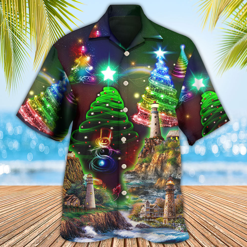 Lighthouse And Merry Christmas Happy - Hawaiian Shirt - Owls Matrix LTD
