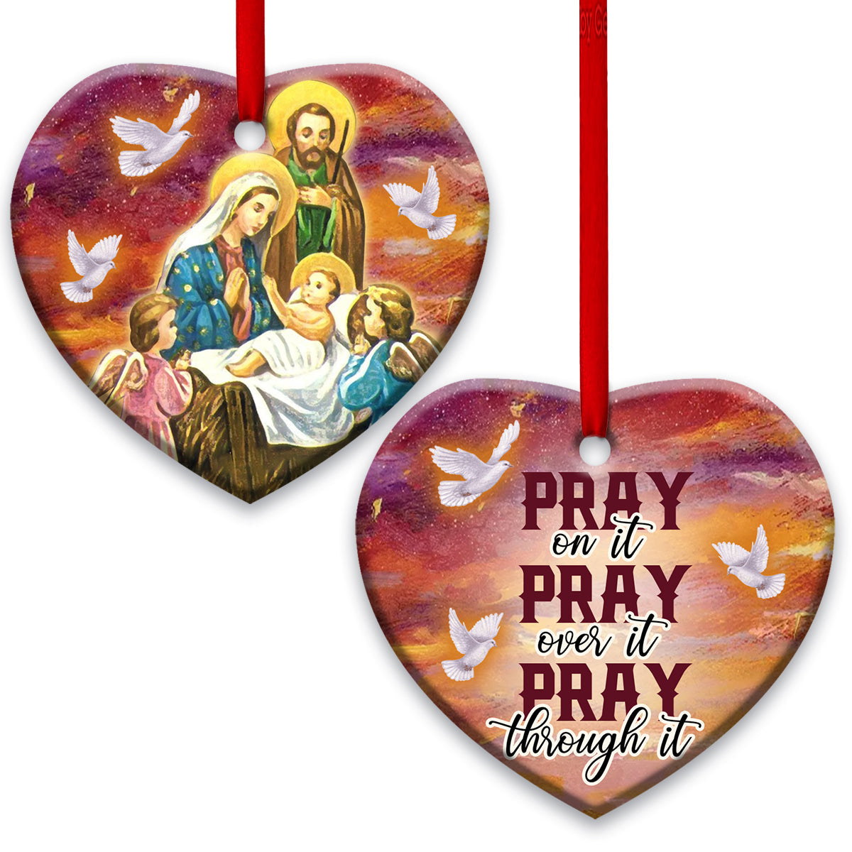 Jesus Nativity Pray On It Pray Over It Pray Through It - Heart Ornament - Owls Matrix LTD