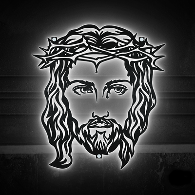 12"x12" Jesus Minimalist Jesus Face Catholic - Led Light Metal - Owls Matrix LTD