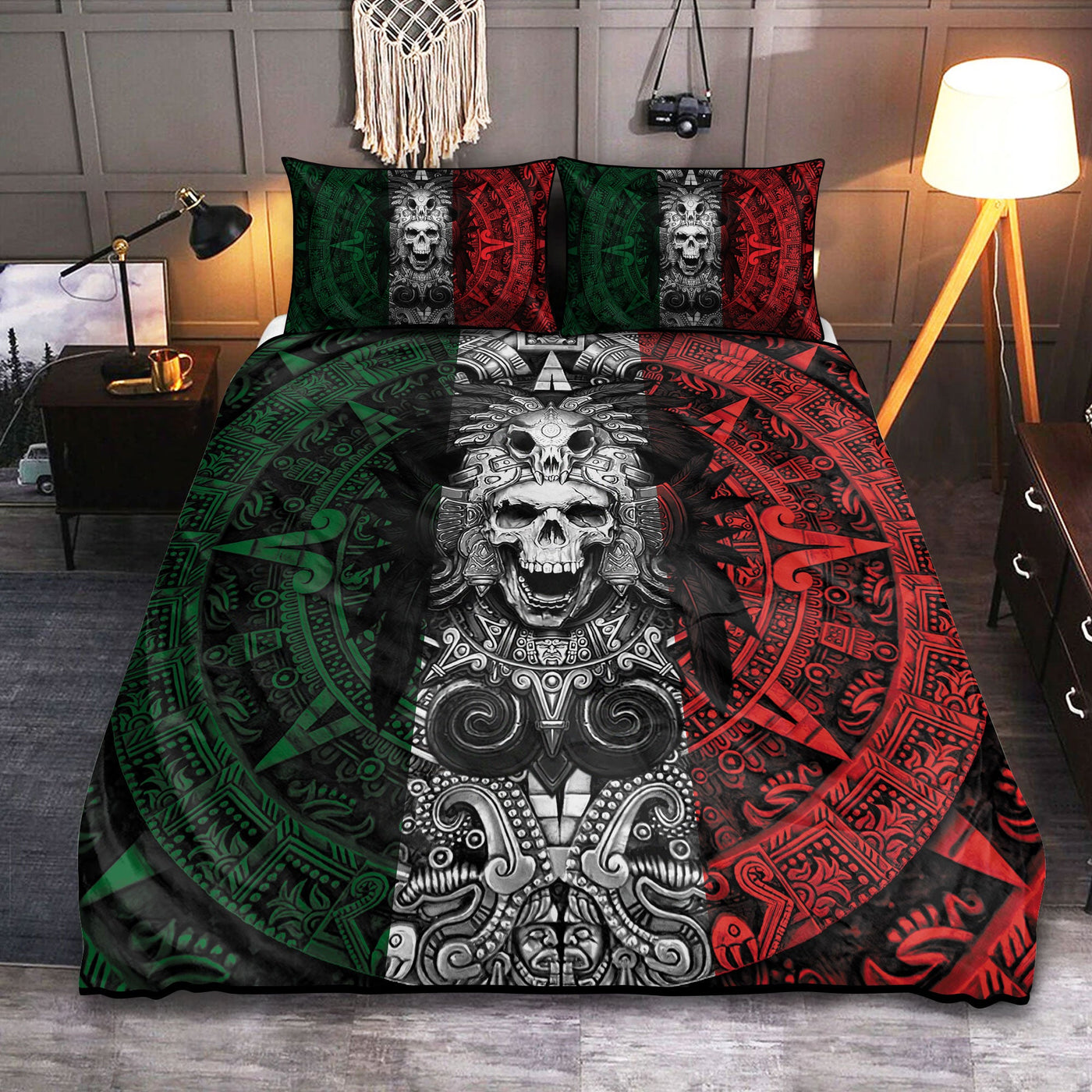 Mexican Aztec Skull Warrior With Dark Colors - Bedding Cover - Owls Matrix LTD