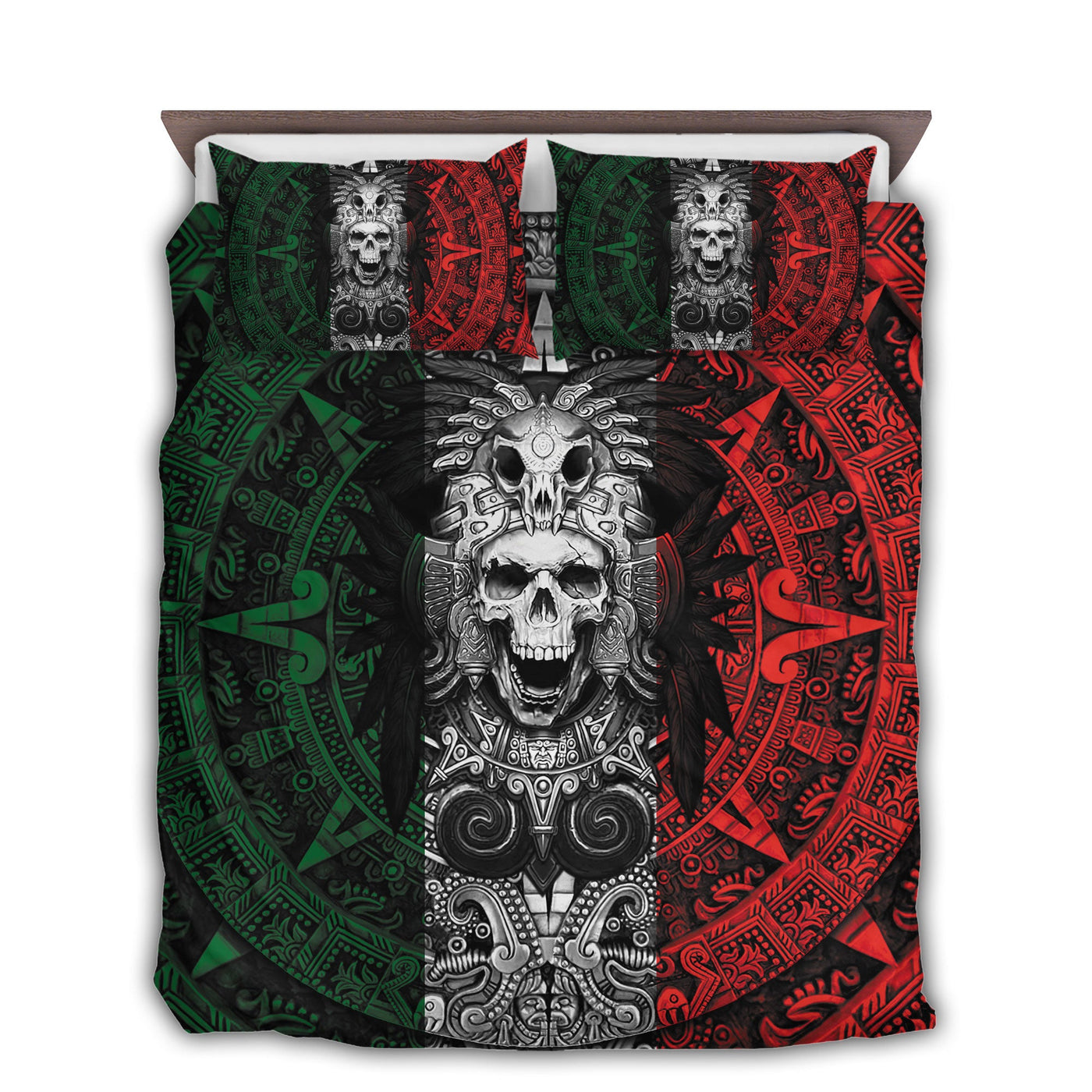 US / Twin (68" x 86") Mexican Aztec Skull Warrior With Dark Colors - Bedding Cover - Owls Matrix LTD