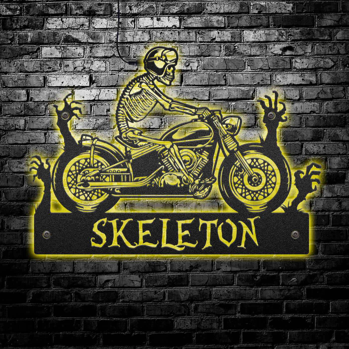 12"x12" Skeleton Motorcycle Style Personalized - Led Light Metal - Owls Matrix LTD