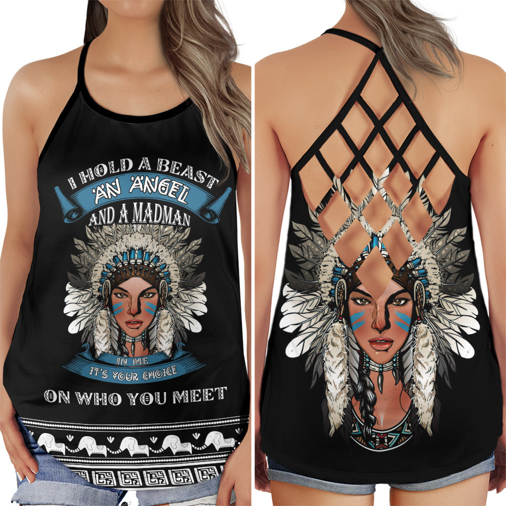 S Native American Girl An Angel Who You Meet - Cross Open Back Tank Top - Owls Matrix LTD