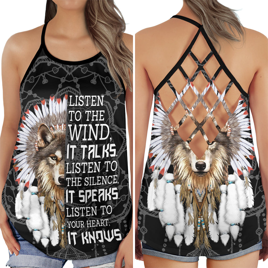 S Native American Listen To The Wind Wolf It Talks - Cross Open Back Tank Top - Owls Matrix LTD