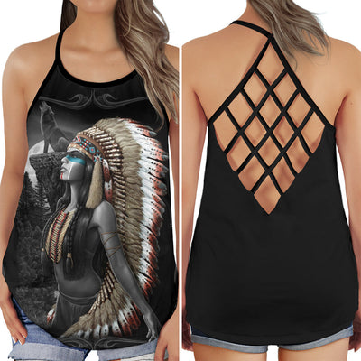 S Native American Peace Girl - Cross Open Back Tank Top - Owls Matrix LTD