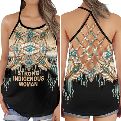 S Native American Strong Woman - Cross Open Back Tank Top - Owls Matrix LTD