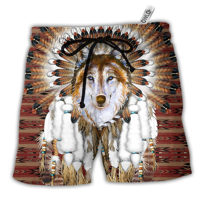 Beach Short / Adults / S Native American Wolf Feather Headdress - Beach Short - Owls Matrix LTD