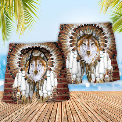 Native American Wolf Feather Headdress - Beach Short - Owls Matrix LTD