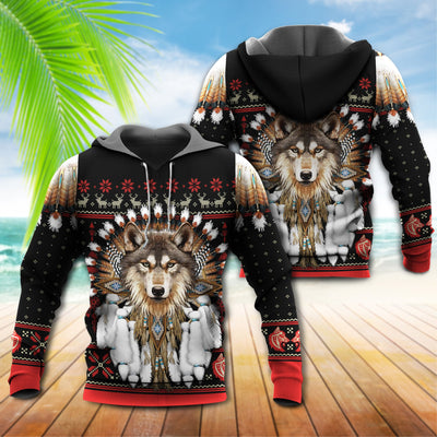 Native American Wolf Headdress With Black And Red - Hoodie - Owls Matrix LTD