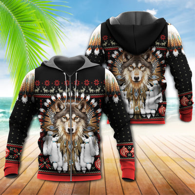 Native American Wolf Headdress With Black And Red - Hoodie - Owls Matrix LTD