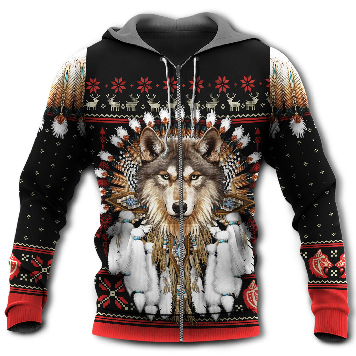 Zip Hoodie / S Native American Wolf Headdress With Black And Red - Hoodie - Owls Matrix LTD