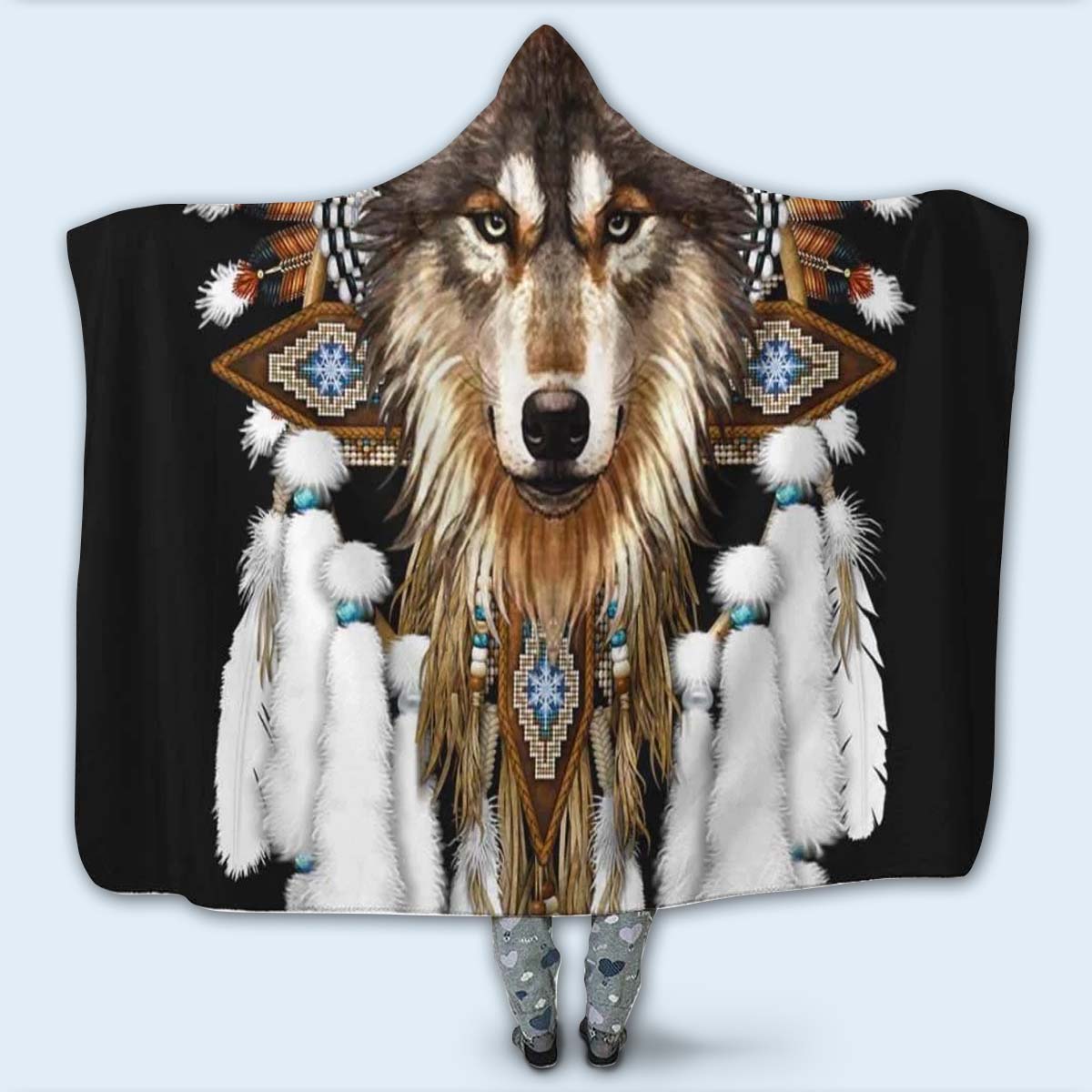 Native American Wolf Black Style - Hoodie Blanket - Owls Matrix LTD