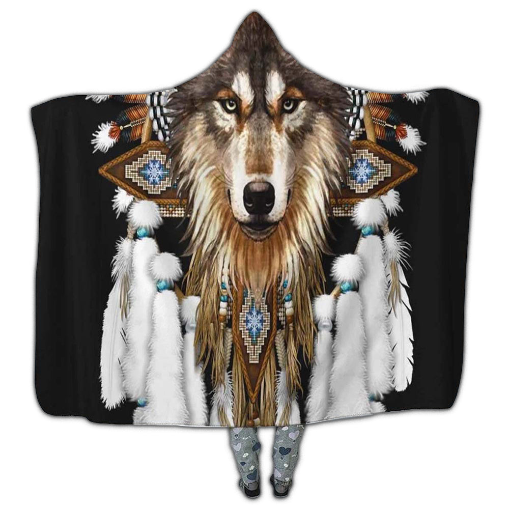 MICROFLEECE / S (50X60 Inch) Native American Wolf Black Style - Hoodie Blanket - Owls Matrix LTD