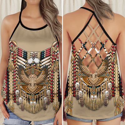 Native Americans Peace Love Owls - Cross Open Back Tank Top - Owls Matrix LTD